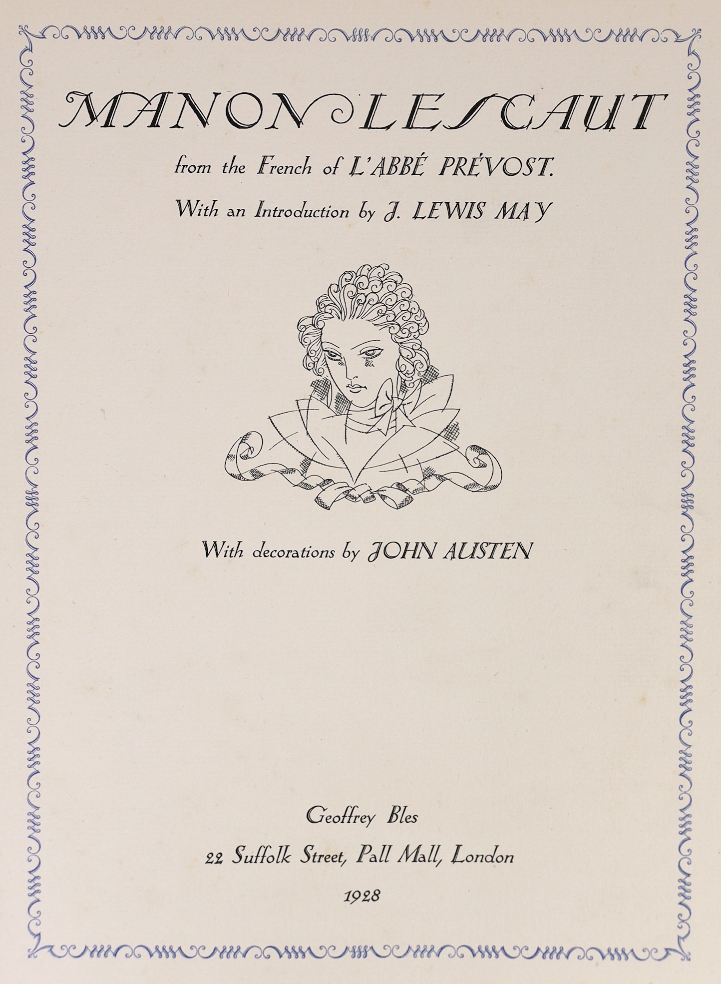 Prevost d’Exiles, Antoine Francois - Manon Lescaut, one of 500, illustrated and signed by John Austen, original half vellum, with 12 colour plates, Geoffrey Bles, London, 1928